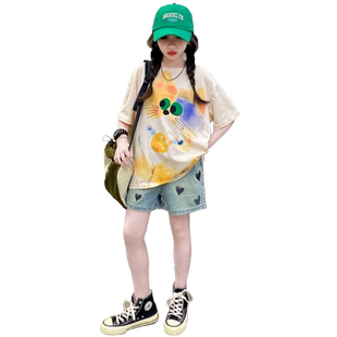 女童夏季纯棉短袖T恤2026新款女大童夏装t牛仔裤儿童夏天两件套装