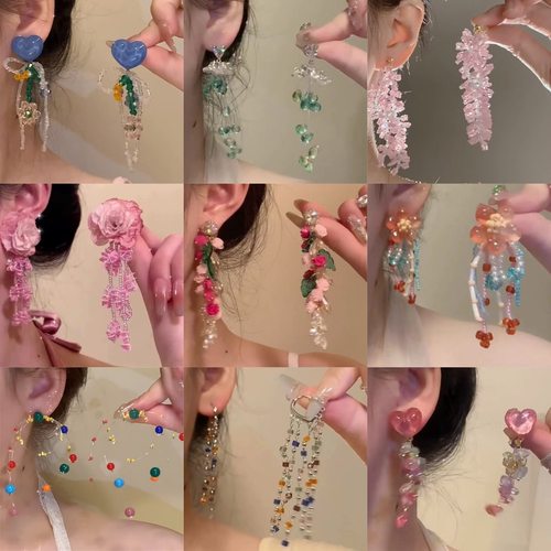 进口「人面桃花」复古粉色花朵长款欧根纱耳钉春夏新款高级感夸