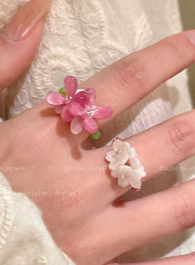 进口紫罗兰花朵戒指女生早春2025新款韩系食指戒弹力串珠闺蜜叠