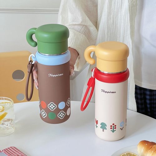 进口大容量子弹头保温杯316不锈钢带提绳吸管杯女生高颜值可爱水