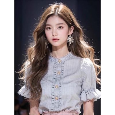 进口夏季蓝灰色花边领衬衫女2025新款今年流行荷叶边漂亮小衫盐
