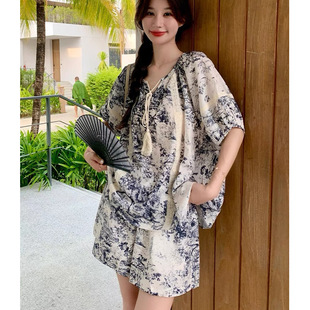 2024年夏季 女短裤 新款 水墨画韩版 上衣 进口国风时尚 宽松短袖 套装