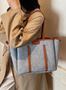 进口女士单肩托特包高级感撞色拼接多分层单肩包时尚百搭大容量通