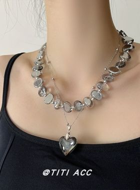 进口法式复古不规则水晶串珠项链女小众高级感双层叠戴爱心吊坠
