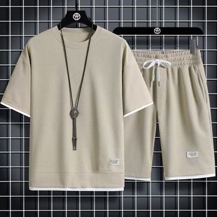 进口华夫格夏季休闲运动服宽松套装男士装夏天韩版潮流短袖t恤