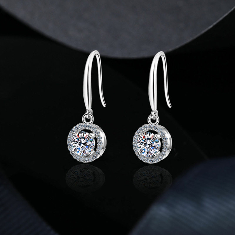 进口莫桑钻耳环S925纯银豪华圆包耳钩耳吊简约欧美个性港风莫桑