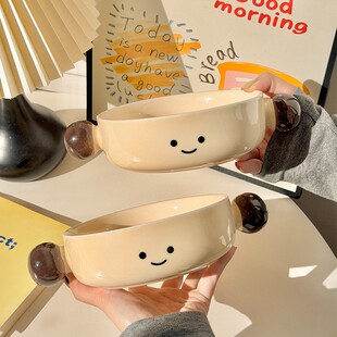 进口可爱卡通手绘可可豆陶瓷手柄碗水果沙拉碗高颜值饭碗酸奶碗泡