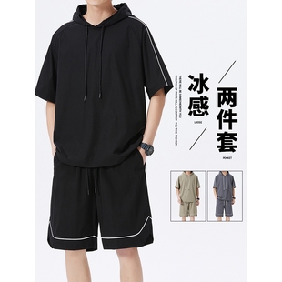 速干跑步健身篮球男士 进口夏季 短裤 男短袖 休闲 冰丝连帽运动套装