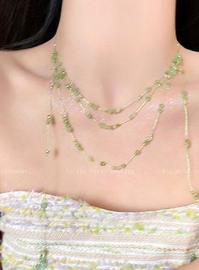 进口多巴胺水晶串珠流苏项链女夏日小清新长款锁骨链多层叠戴绿