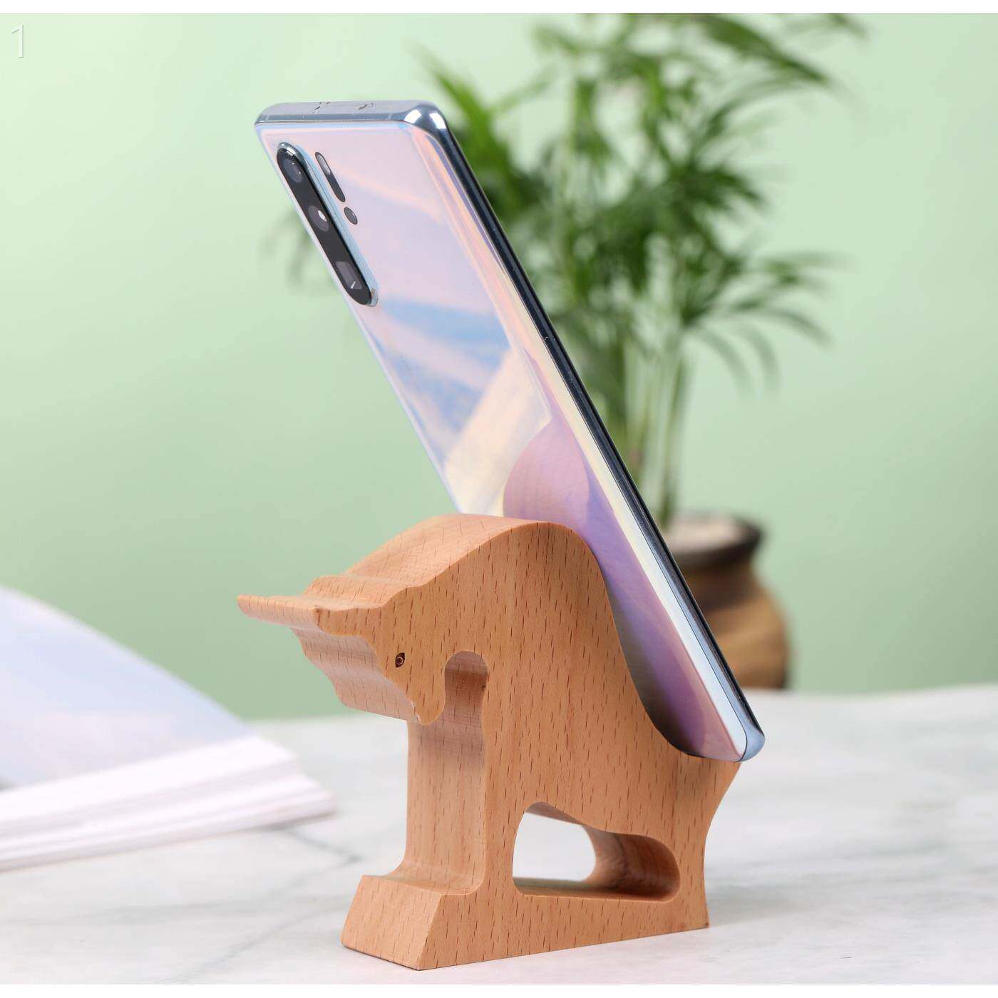 尚木创意牛造型木质手机支架桌面夹持式手机座办公家居