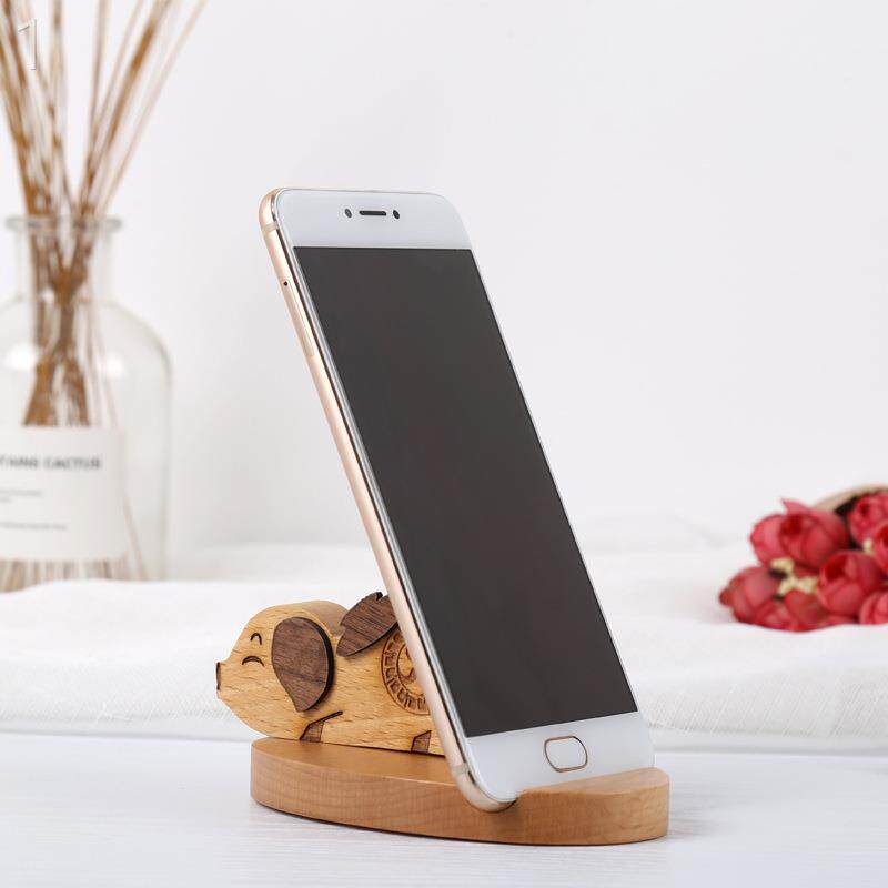 尚木创意趴猪木质手机支架办公桌面夹持式手机座个性