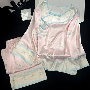 秋季新款真丝睡衣女复古国风新中式格格桑蚕丝家居服两件套礼盒装