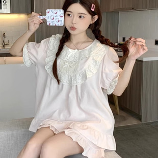 纯棉睡衣女款春夏薄款短袖甜美可爱蕾丝花边家居服两件套送礼盒装