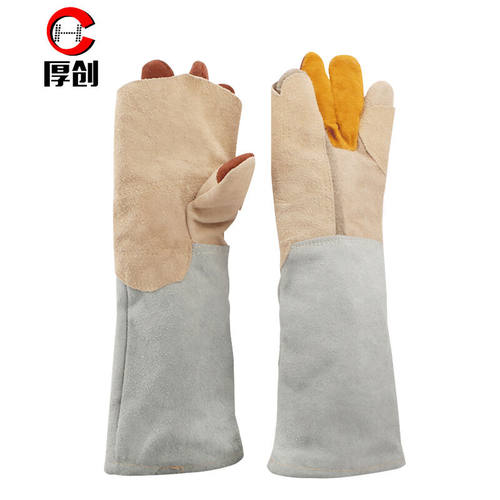 厚创牛皮焊接手套电焊工隔热耐高温手套加固加托手掌加皮长款46cm