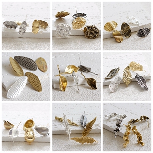 DIY饰品铜配件镀厚金银925银针古色花树叶异形耳钉(4910C)
