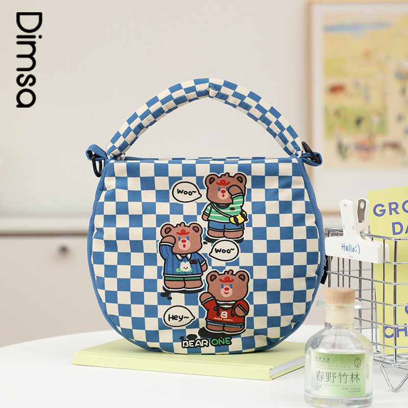 典舍x熊一 复古棋盘格可爱文艺小熊斜挎环保帆布袋拉链手提袋k221