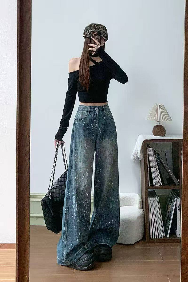 2302 满天星河烫钻阔腿牛仔裤女2026夏季新款高腰宽松显瘦高级感