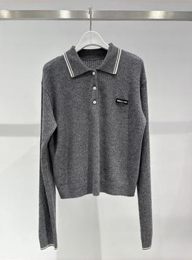 MM麦家2025秋冬新款灰色绵羊毛撞色polo领针织衫女上衣4GA133181