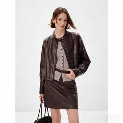 【棕调皮衣】MM麦檬高级油蜡肌理感短外套商场同款26春5H2210671