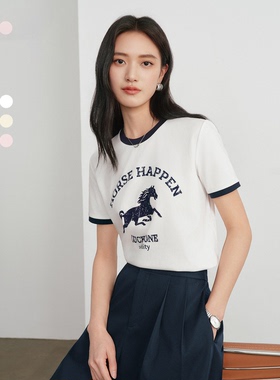 朱珠代言伊芙丽马年限定棉感透气撞色植绒小马印花T恤2026夏新款