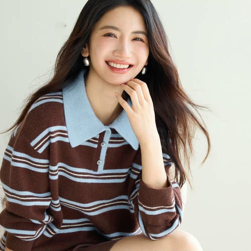 蒋欣代言伊芙丽复古撞色北极绒POLO领针织衫打底毛衣2025冬季新款