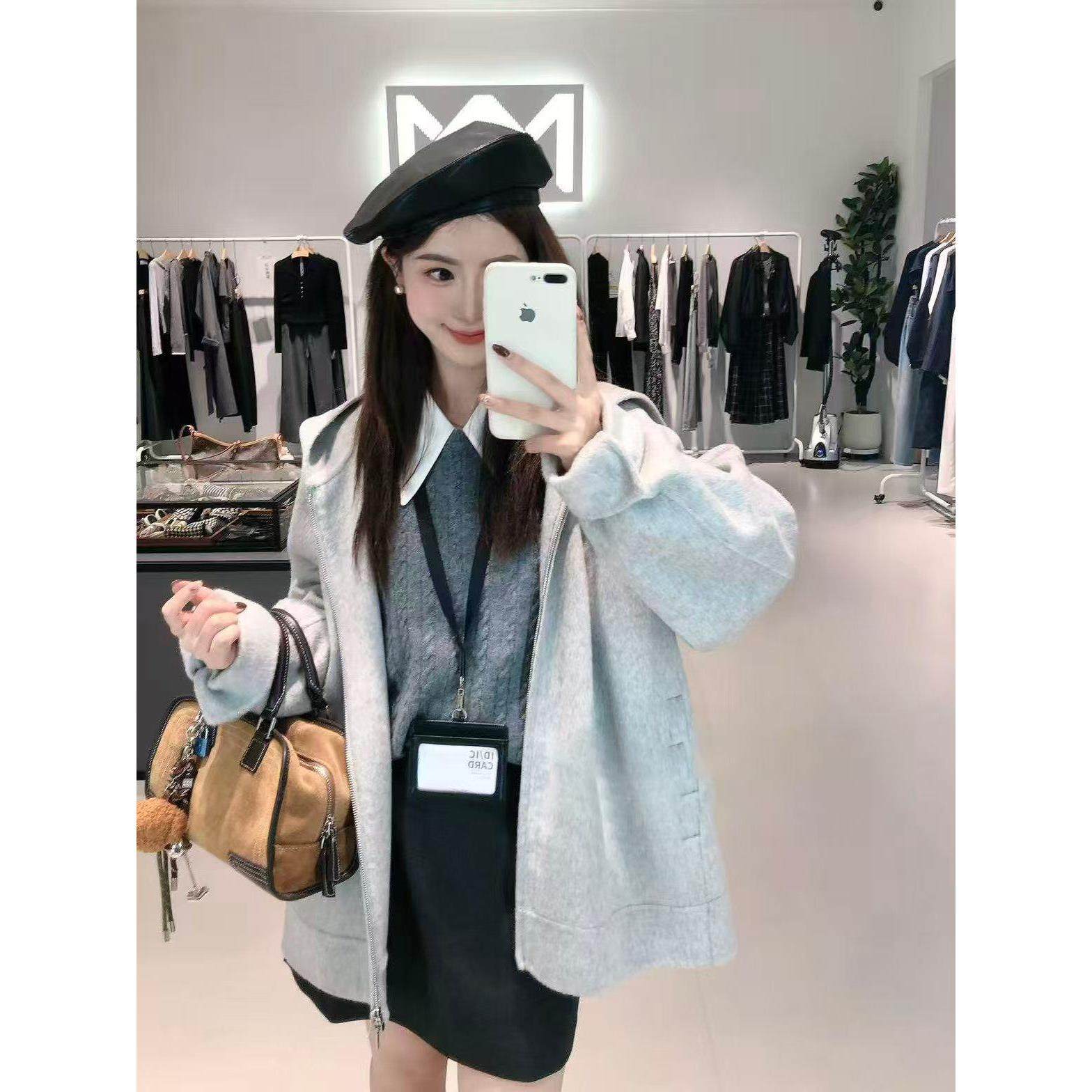 【商场同款】MM麦檬2025秋冬新款浅灰毛呢大衣呢子外套5GA170541