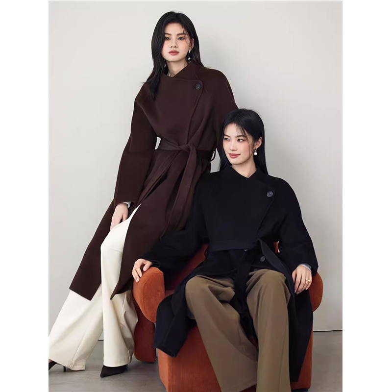 蒋欣代言伊芙丽2025秋冬新款90支羊毛羊毛收腰立领大衣女毛呢外套