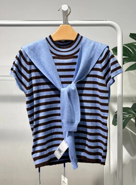 小麦檬2026春季新款复古披肩两件套条纹短袖针织衫上衣4H3131091X