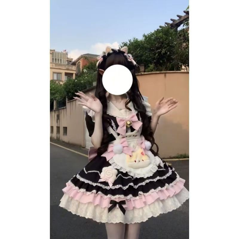 甜美可爱黑色系新款洛丽塔蝴蝶结蕾丝连衣裙爱心小猫围裙两件套女