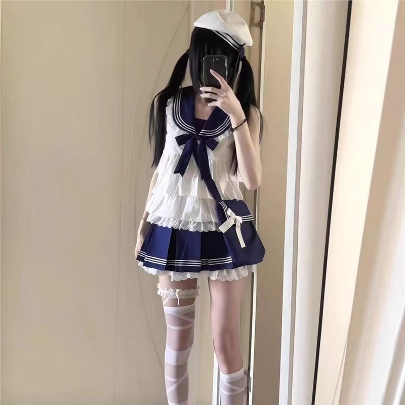 夏季海军学院风Lolita裙可爱水手服jk制服蝴蝶结上衣百褶裙两件套