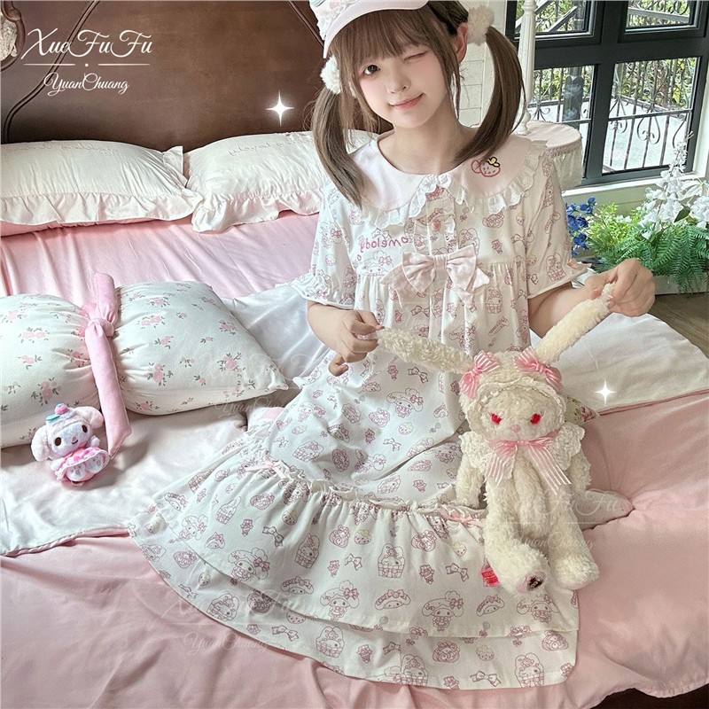 雪芙芙纯棉桃心兔兔夏季睡裙