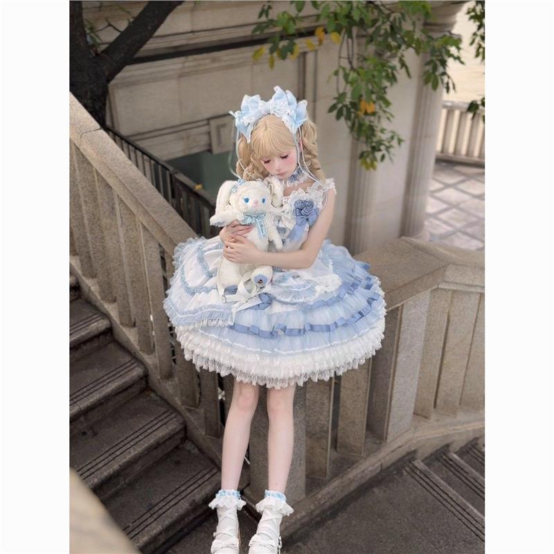 蓝色洛丽塔裙甜美可爱玻璃糖纸原创设计&古早感Lolita连衣裙全款