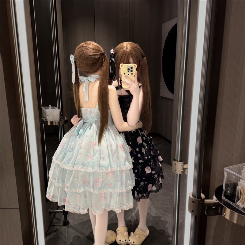 柏粟原创lolita[贝壳梦]可爱吊带裙黑色蝴蝶结 jsk海边洛丽塔