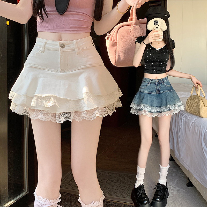 白色牛仔半身裙女夏季2025新款设计感蕾丝边蛋糕裙裤裙a字短裙