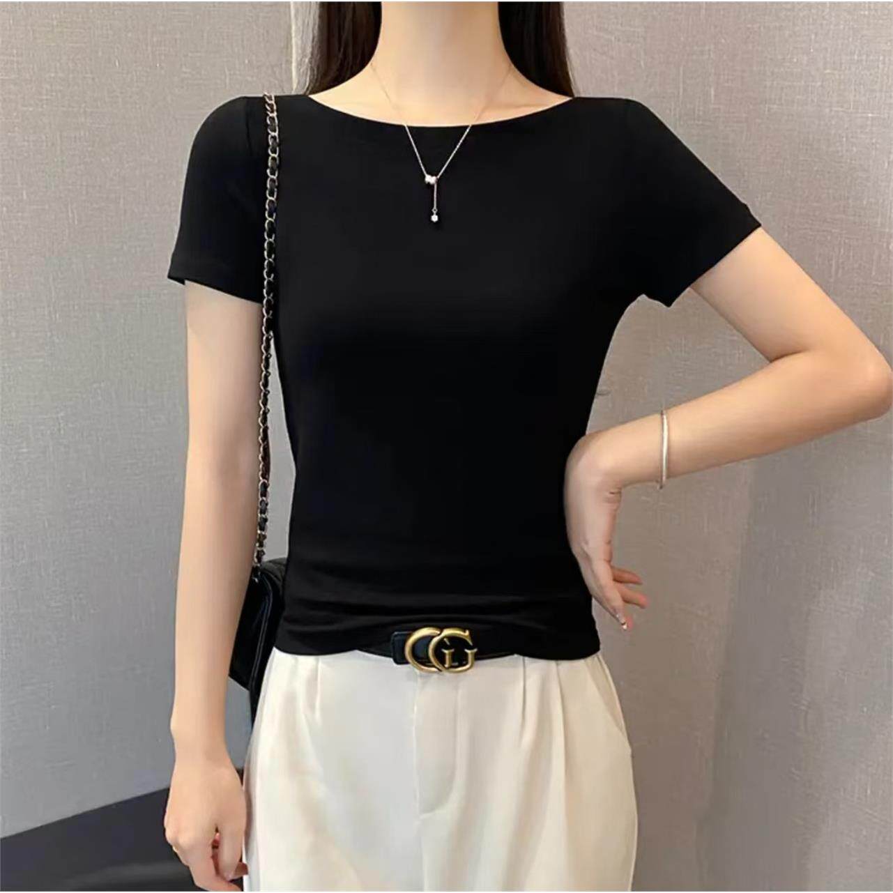 黑色纯棉一字肩短袖t恤女2026春夏修身打底衫性感百搭露肩上衣潮