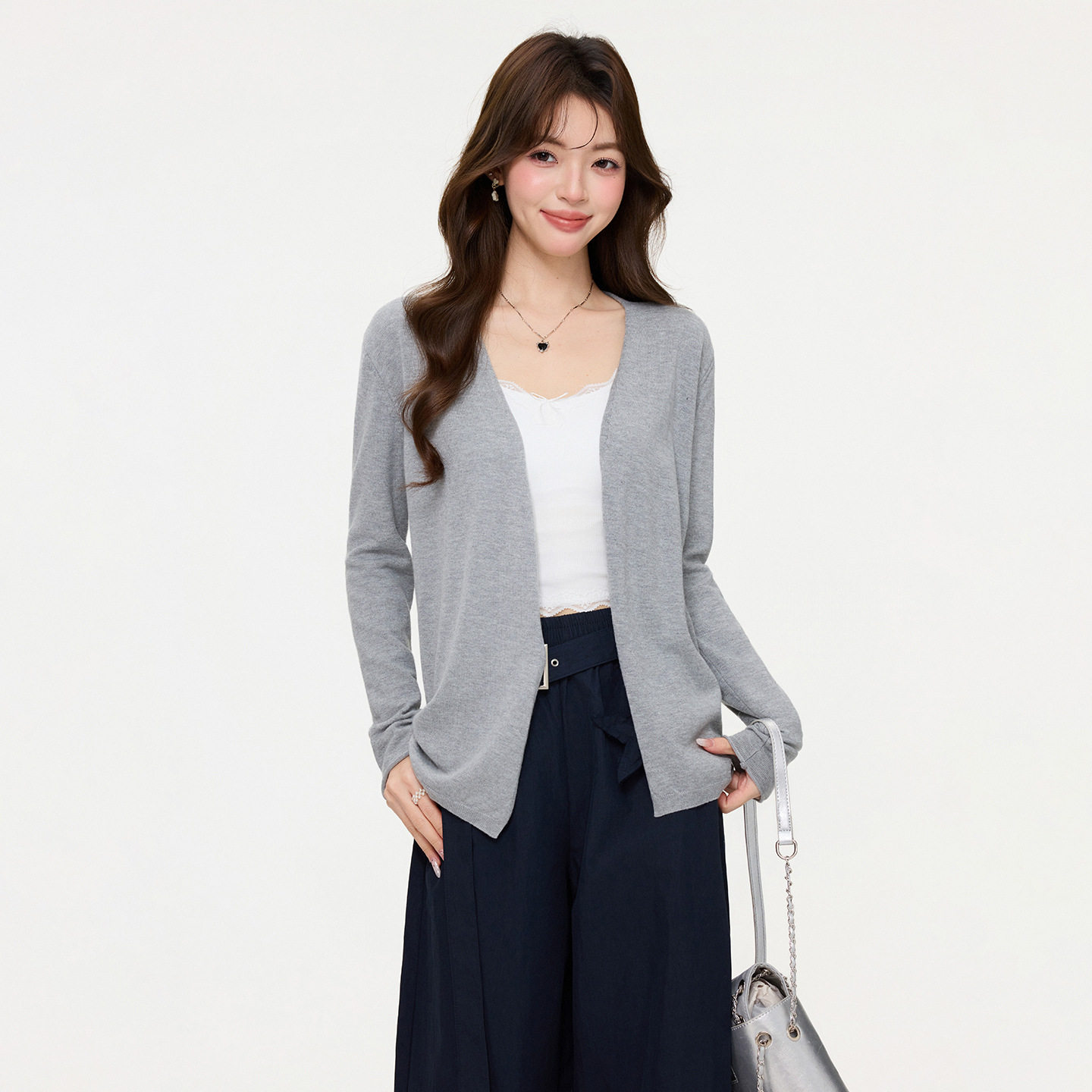 灰色薄款长袖针织开衫外套冬季新款打底内搭高级感气质中长上衣女