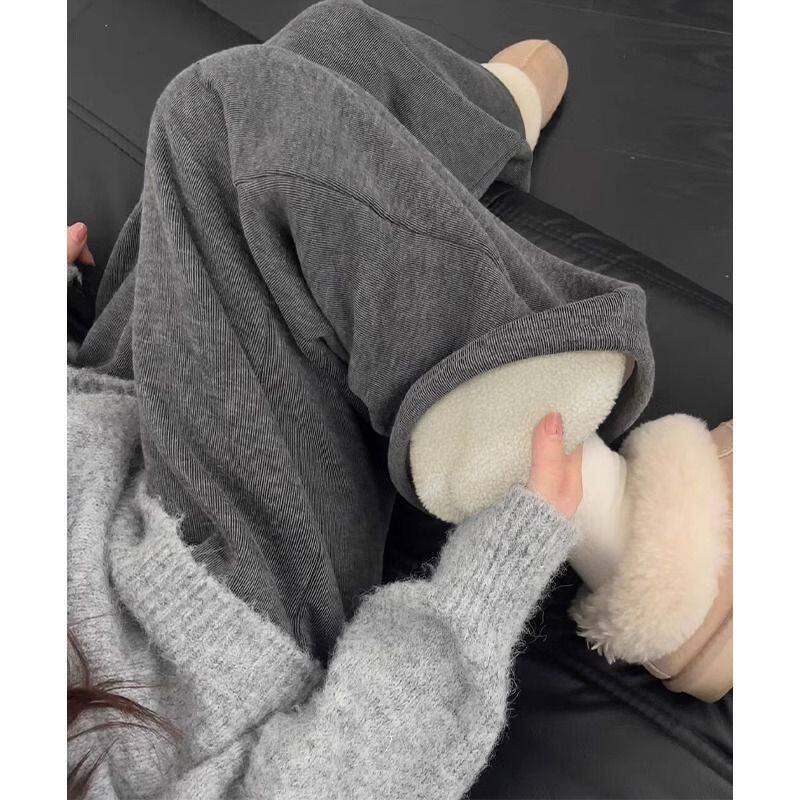 灰色糯米裤女春秋季薄款加厚2026新款春秋直筒休闲羊羔绒阔腿裤子