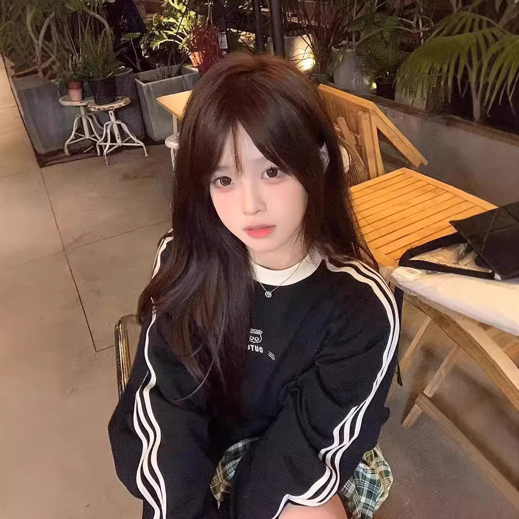 美式三条杠圆领卫衣女新款秋冬加绒初中高中学生宽松无帽休闲上衣