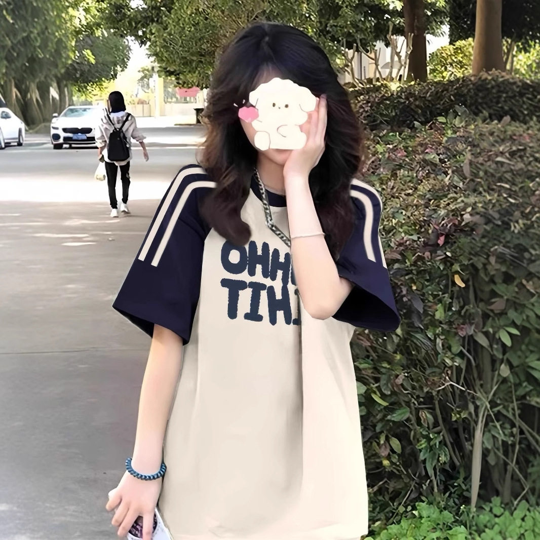 美式纯棉三条杠插肩短袖t恤女大夏季初中高中学生宽松半袖上衣