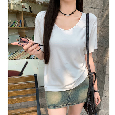 大领口短袖纯色T恤女宽松