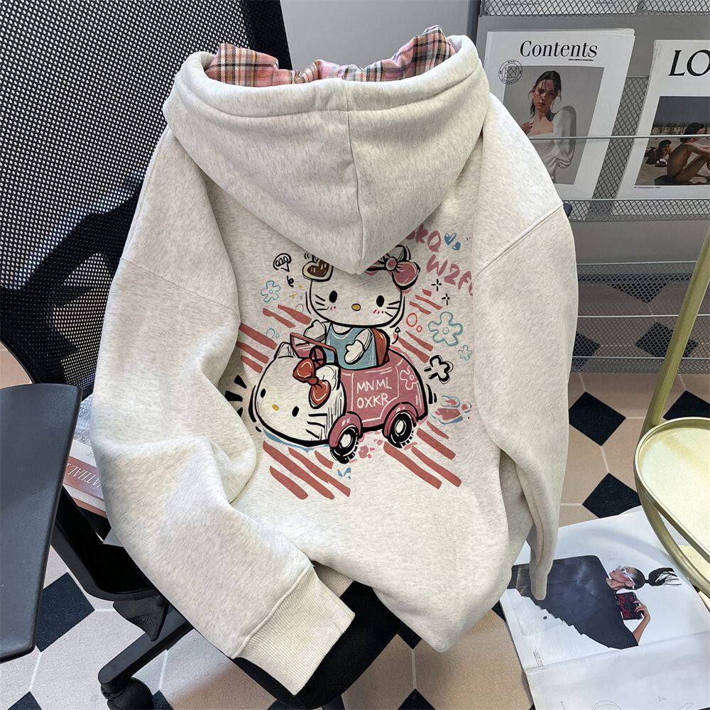 韩系慵懒风可爱kitty猫卫衣开衫女初中生超好看加绒连帽拉链外套