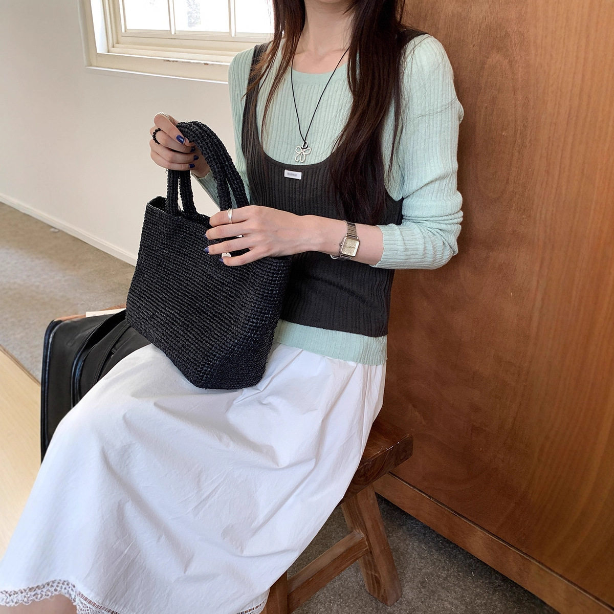 薇颂女装2026春季新款韩系风真两件套吊带背心叠穿长袖针织衫女