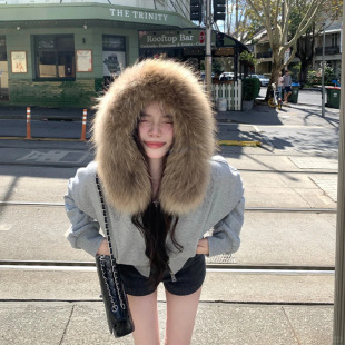 美式毛领连帽短款外套女秋冬季小个子加绒加厚巨好看初冬卫衣上衣