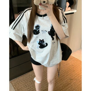 时尚小猫刺绣短袖t恤女2025新款夏季百搭休闲宽松慵懒风纯棉上衣