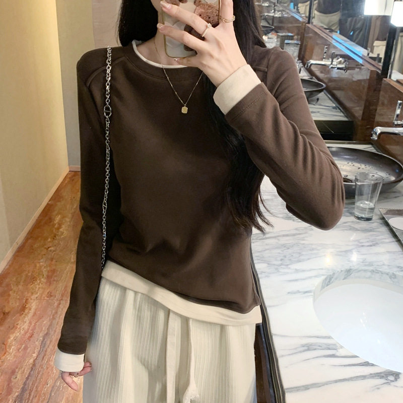 假两件长袖t恤打底衫女装2026春季新款拼接撞色修身显瘦内搭上衣