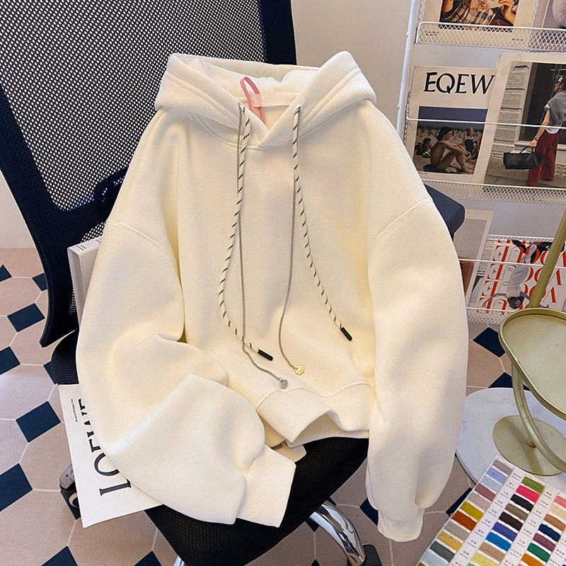 实拍纯棉华棉复合牛奶丝卫衣女薄款2025早春新款连帽长袖t恤上衣