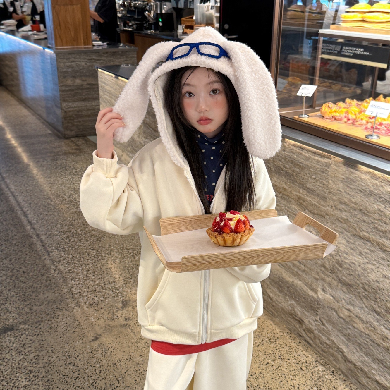 韩版套装2025秋冬女童可爱兔耳朵加绒加厚拉链卫衣卫裤两件套潮