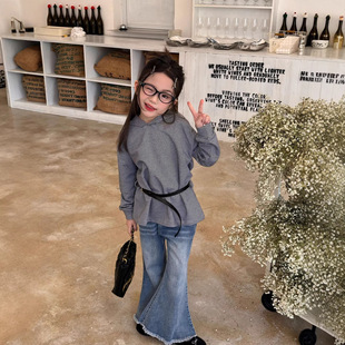 女童条纹打底衫春夏新品2026儿童连帽卫衣韩版薄款洋气长袖针织衫