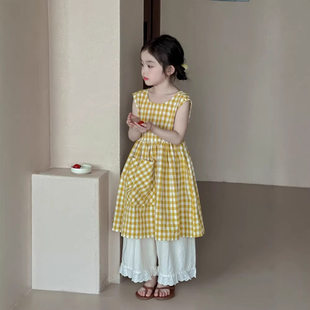女童夏季连衣裙2026夏新款叠穿设计感裙子儿童格子V领无袖背心裙
