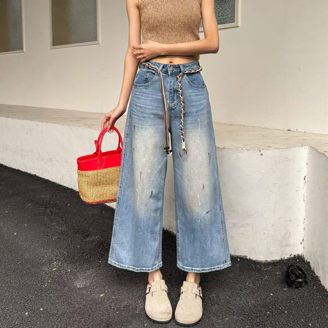 春季新款蓝色甩漆阔腿牛仔裤女小个子八九分宽松高腰休闲直筒裤